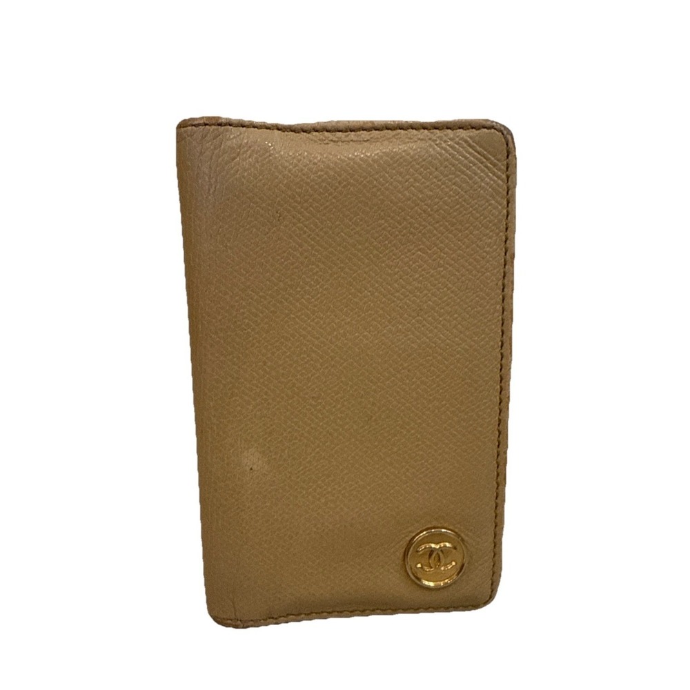 VTG Chanel‎ Card Case Coco Button Beige Gold Authentic Leather Logo Designer
